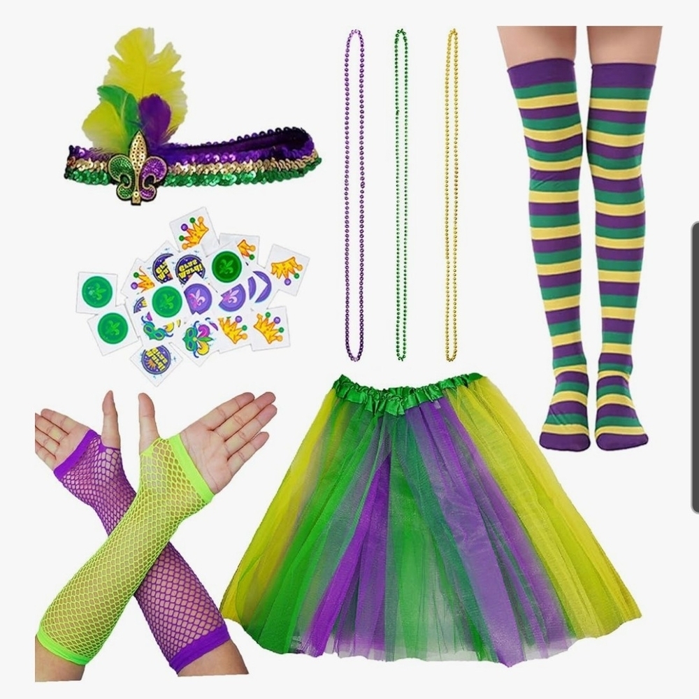 Colorful Mardi Gras costume shirt , tutu skirt and accessories size M